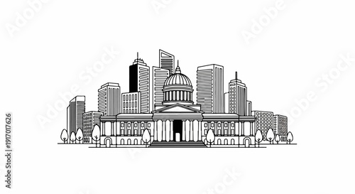 Stylized line drawing of a prominent domed building flanked by modern skyscrapers
