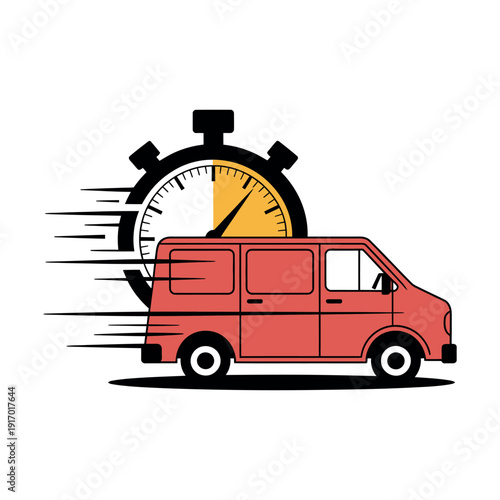 A red van speeding in front of a stopwatch timer