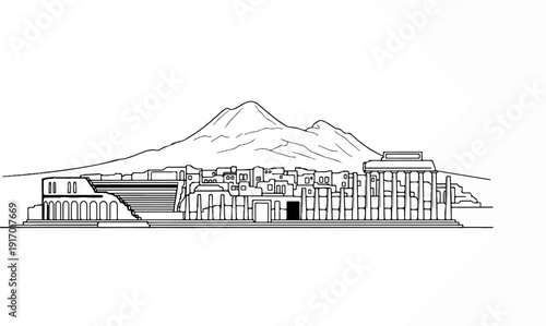 Stylized architectural drawing of ancient ruins against a mountain backdrop