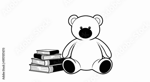 A cartoon teddy bear sits next to a stack of books