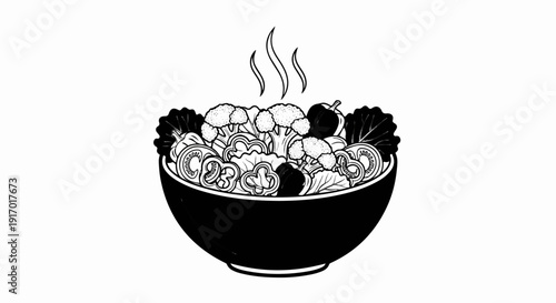 Black and white illustration of a steaming bowl of fresh vegetables