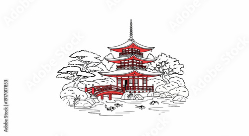 Traditional Japanese pagoda with bridge, trees, and koi pond