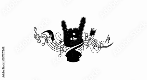 A black hand makes the rock-on symbol, surrounded by musical notes