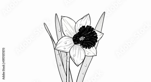 Detailed black and white illustration of a single daffodil flower