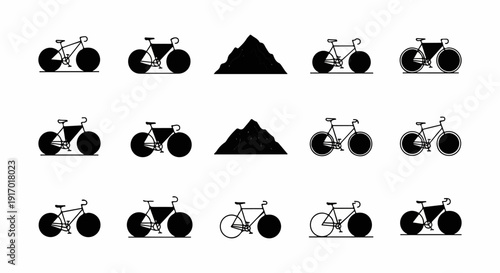 Collection of bicycle and mountain icons for graphic design and sports