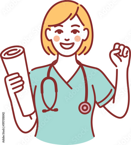 A female doctor smiling and holding a medical chart with a stethoscope around her neck
