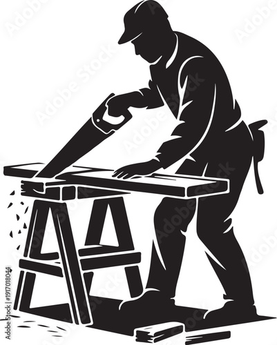 Man sawing wood on a workbench in black and white