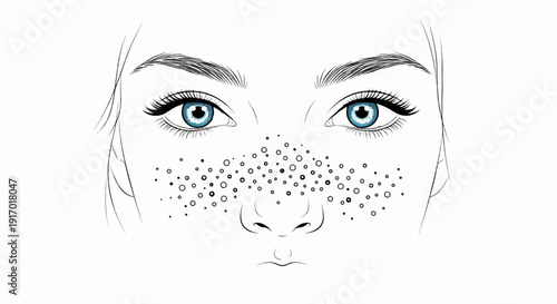 Close-up portrait sketch of a young woman's face with blue eyes and freckles