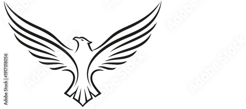 Stylized black eagle with spread wings, soaring upwards against white