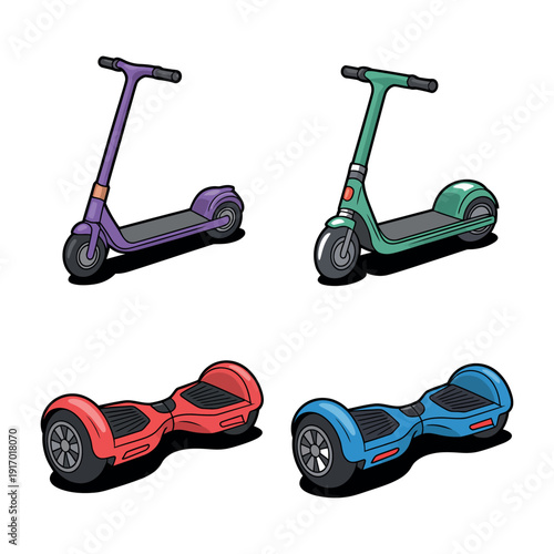 A colorful illustration of various electric scooters and hoverboards on a white background