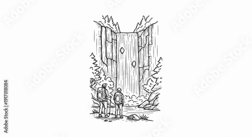 Two hikers observe a majestic waterfall surrounded by lush forest and rocky terrain