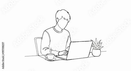 Person working on laptop at desk with coffee and plant