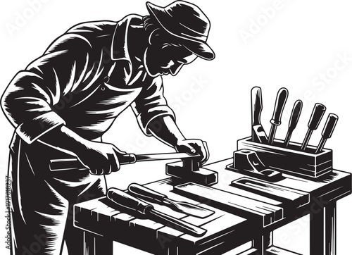 Man hammering metal on anvil with tools on table worker