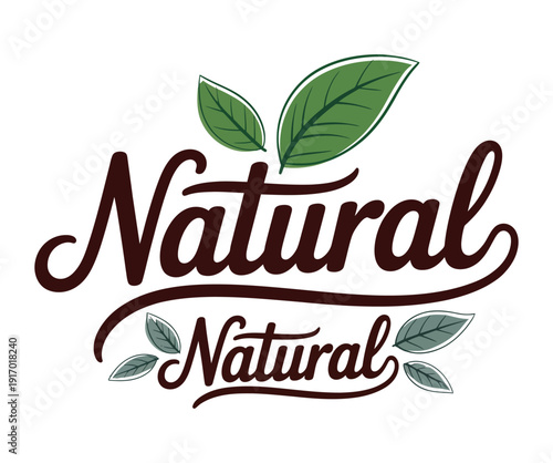 A logo with the word Natural written in brown cursive font with green leaves