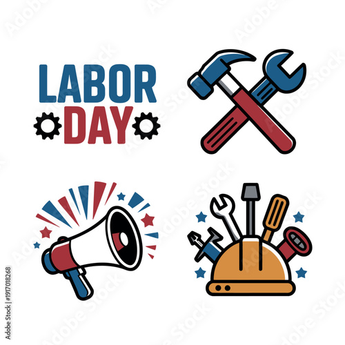 A colorful Labor Day graphic illustration featuring tools and patriotic symbols