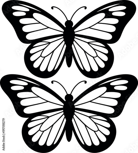 Two black butterfly silhouettes with white details on a plain background