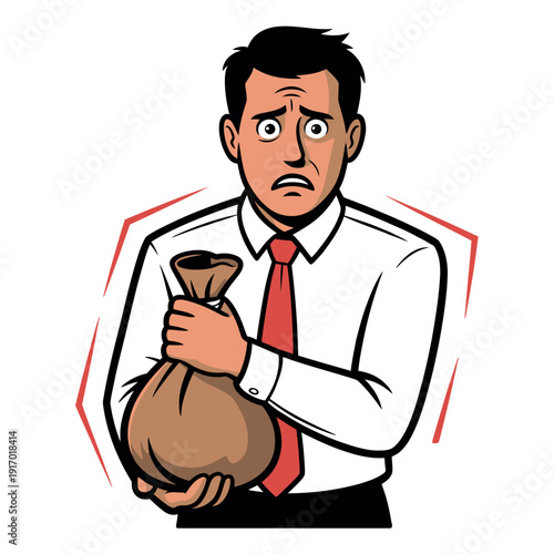 A worried businessman holding a money bag in a stressful situation