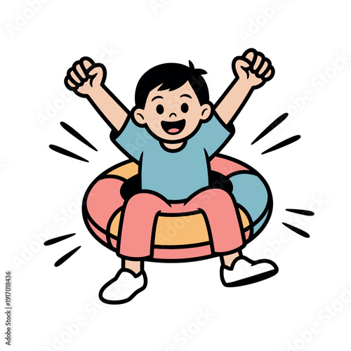 A happy cartoon boy jumping with excitement in a colorful inflatable ring