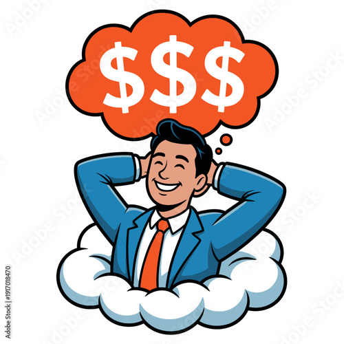 A cartoon businessman sitting on a cloud with a thought bubble full of dollars