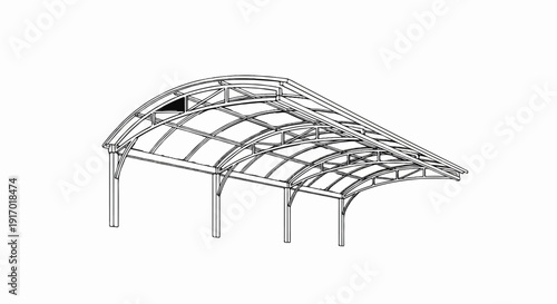 Isometric line drawing of a covered walkway with arched roof structure