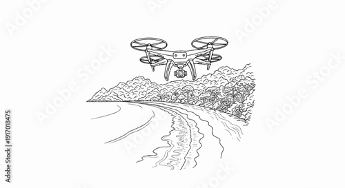 Drone flies above a tropical beach with lush vegetation and wavy water