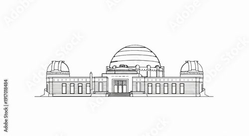 Architectural drawing of an observatory with a central dome and flanking towers