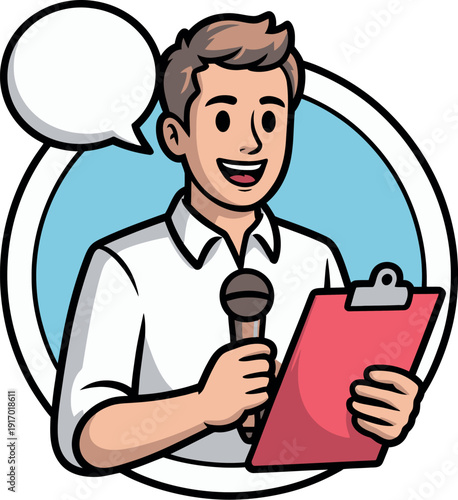 A cartoon man holding a microphone and clipboard, smiling and speaking.