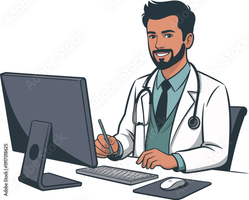 A smiling doctor sitting at a computer desk with a stethoscope around his neck