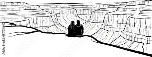 Two figures observe a grand canyon, black and white sketch