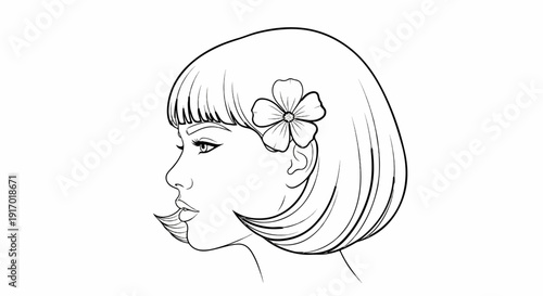 Stylized profile of a woman with a bob haircut and a flower
