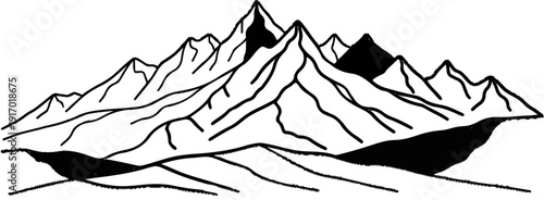 Dramatic mountain range with stark peaks and shadowed valleys, sketched simply