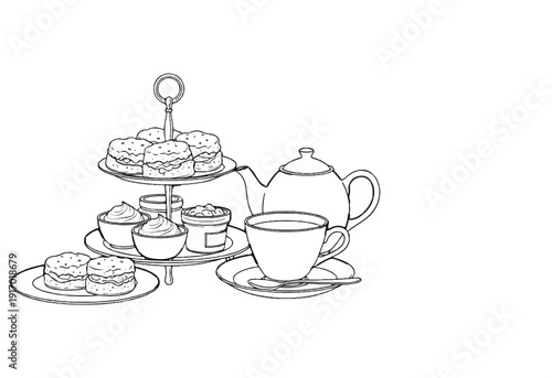 A sketch of a tiered stand laden with scones, cream, jam, and a teapot with tea
