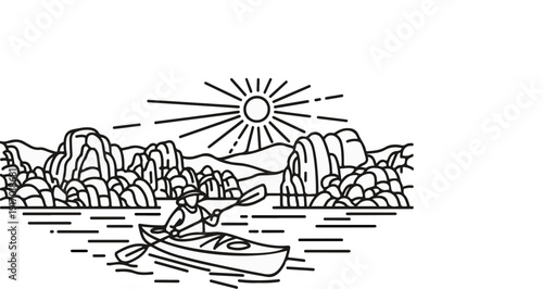 A lone kayaker paddles through a rocky landscape under a bright sun