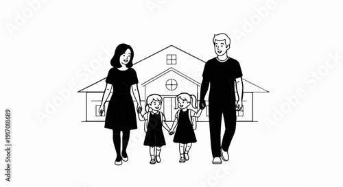A family walks hand-in-hand towards a house, ready for school