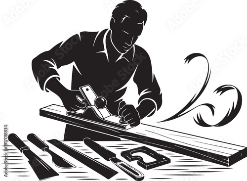 Man using plane tool on wooden board with tools around