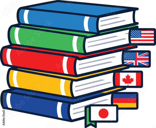 Stack of five colorful books with international flag bookmarks, representing education, learning, and global language studies. Each book is a different color: blue, green, red, yellow