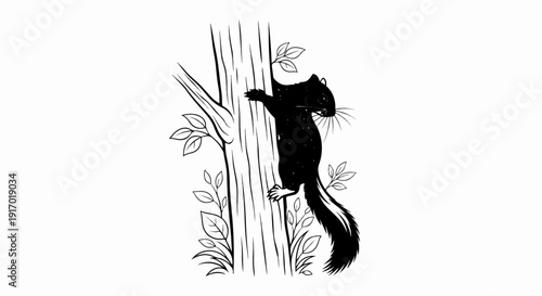 Black and white sketch of a squirrel climbing a tree trunk with leaves