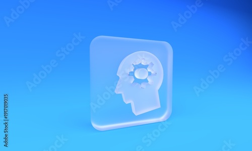 Frosted glass Human head with gear inside icon isolated on blue background. Artificial intelligence. Thinking brain. Symbol work of brain. Square frosted glass button. 3D render illustration