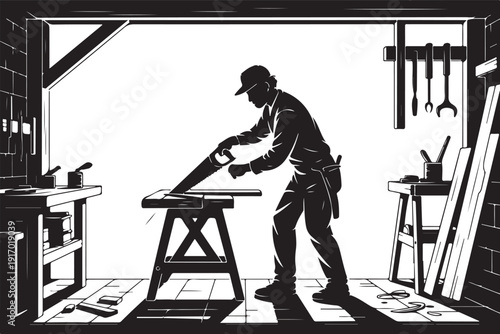 Man working with tools in a workshop using a workbench