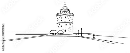 A monochromatic sketch of a tall tower, with windows, surrounded by trees and paths