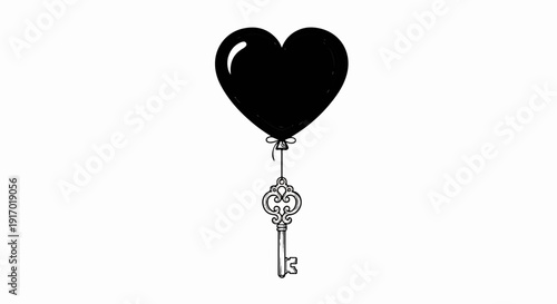A black heart-shaped balloon floats, holding an ornate key