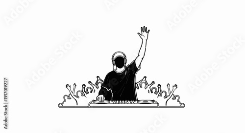 A dj with headphones plays music at a console, arms raised, crowd cheering