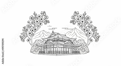 Traditional Asian temple with blooming cherry blossoms and distant mountains