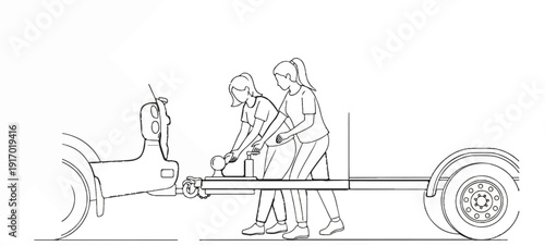 Two individuals preparing a trailer hitch for towing with a vehicle