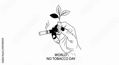 Hand holding cigarette with growing plant, symbolizing no tobacco