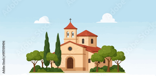 A quaint, stylized church with bell tower and arched entrance
