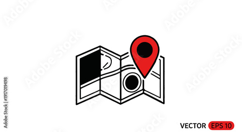 Folded map with red location pin on white background, vector illustration
