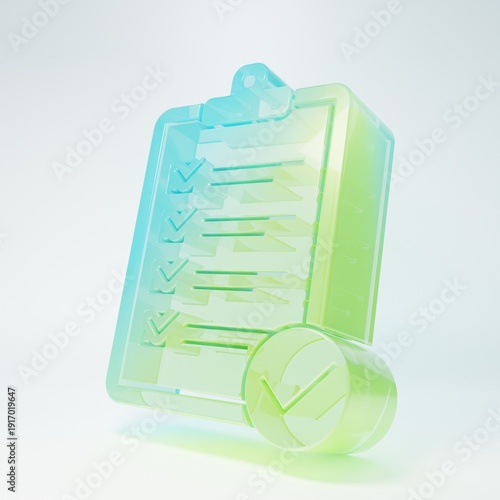 Frosted glass Verification of delivery list clipboard and pen icon isolated on white background. Minimalism concept. 3D render illustration