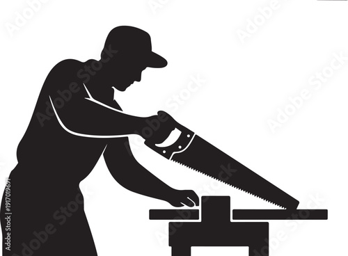 Person Using a Hand Saw on a Workbench silhouette cutting
