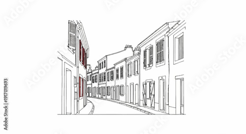 A charming illustration of a narrow street with buildings and shutters